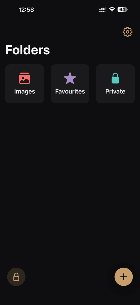 Vault dashboard with folders for Images, Favourites, and Private